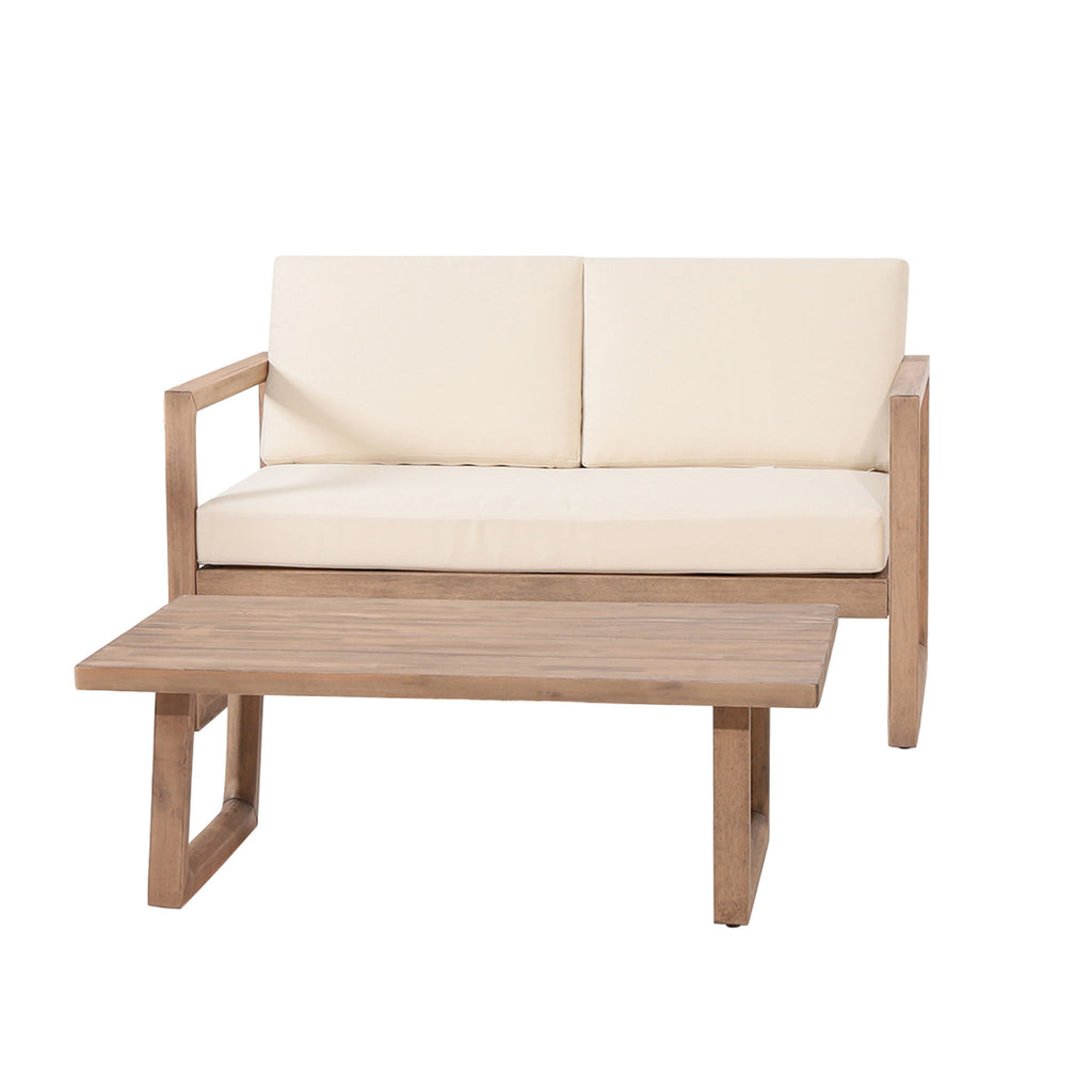 4 Pieces Acacia Wood Patio Furniture Set, Outdoor Furniture With Coffee Table, Patio Conversation Set Deep Seating With Soft Cushion, Porch Chairs For Backyard Porch Balcony - Brown Wash / Beige