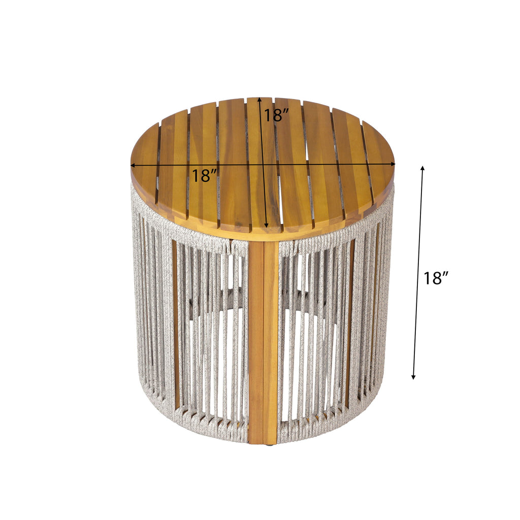 Round Side Table With Rope Detail For Patio - Light Gray / Teak