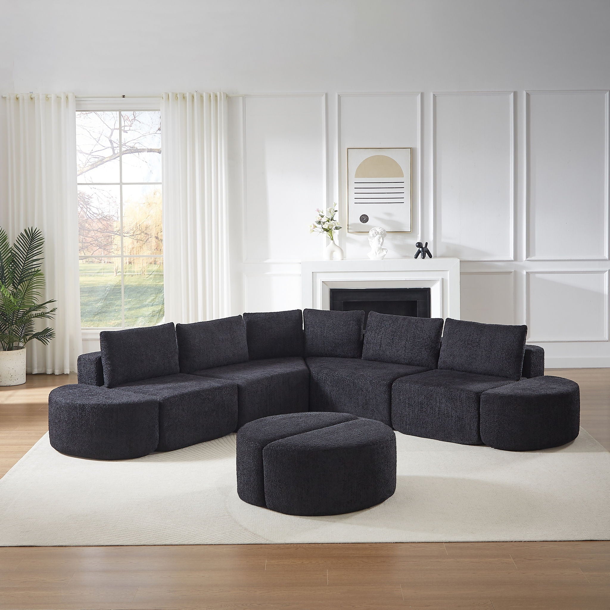 Modular Sectional Sofa With 6 Pillows And 4 Curved Footstools For Living Rooms - Black