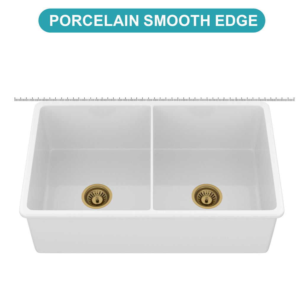 32" Undermount Double Bowl Kitchen Sink Rectangular Deep Dual Bas With Grids - White