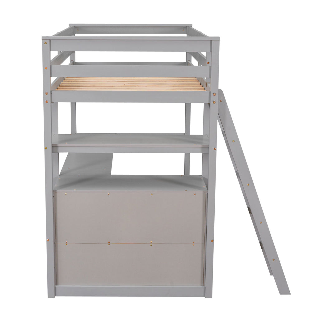 Modern Loft Bed With Built In Desk, Shelves, And 2 Drawers