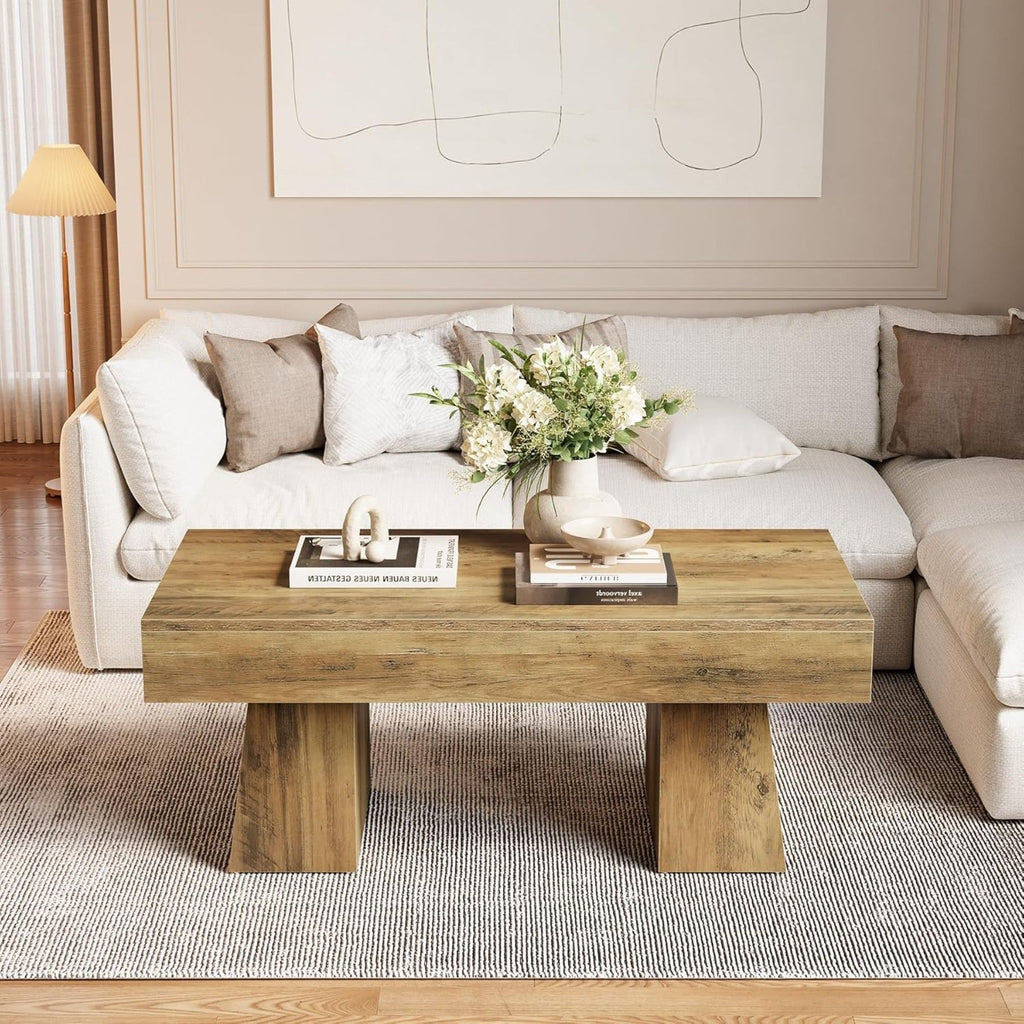 Rectangular Accent Coffee Table With Thick Base, Low Cocktail Tea Furniture For Living Room - Rustic Brown