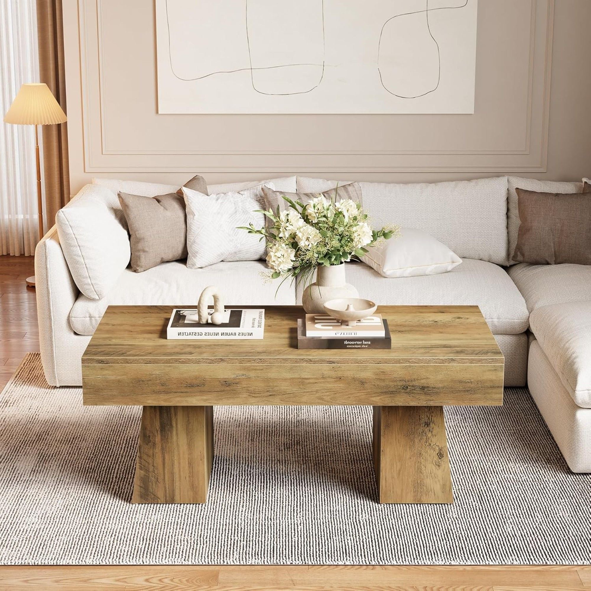 Rectangular Accent Coffee Table With Thick Base, Low Cocktail Tea Furniture For Living Room - Rustic Brown
