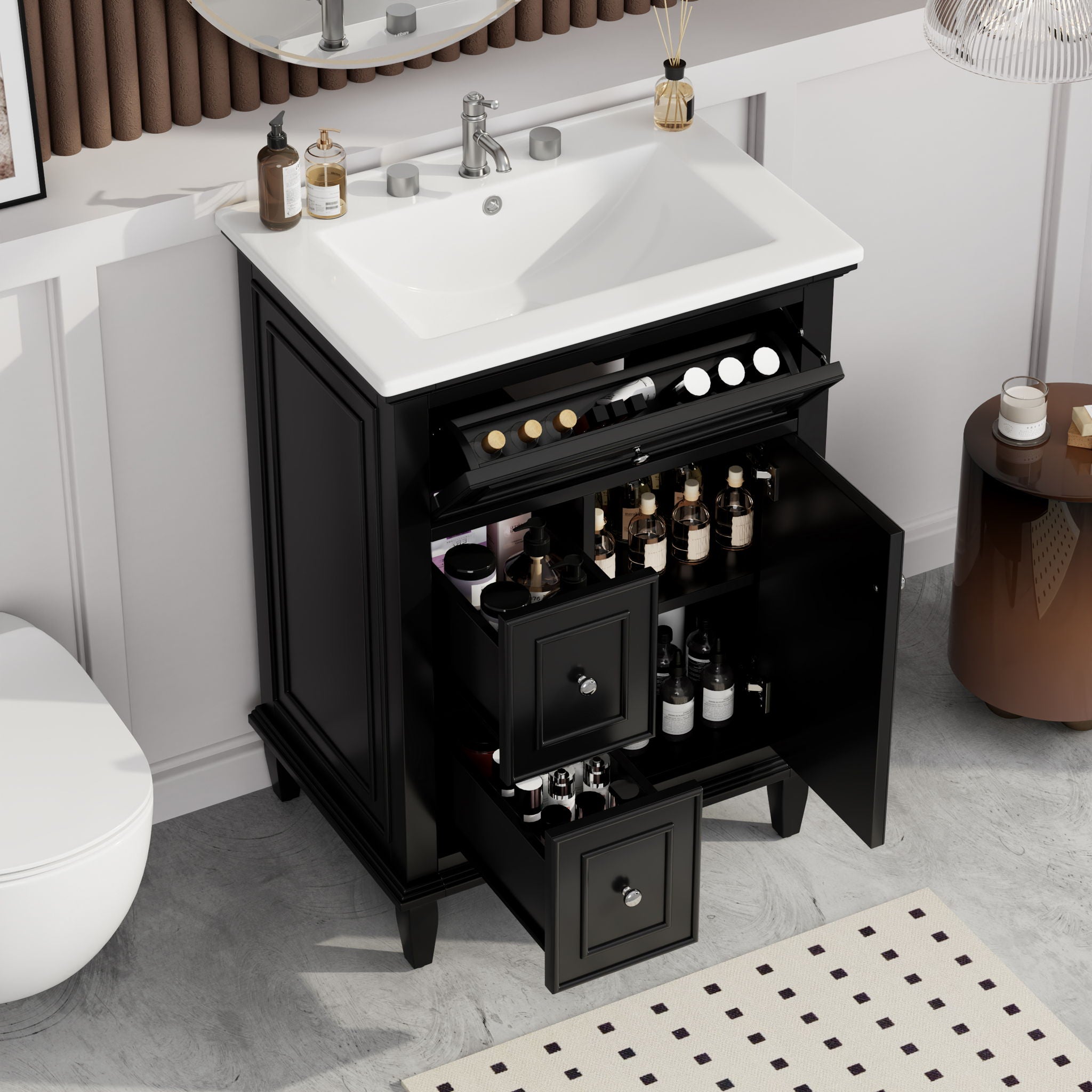 24" Bathroom Vanity With Sink, Cabinet, Adjustable Shelf, Flip Drawer & 2 Drawers - Black
