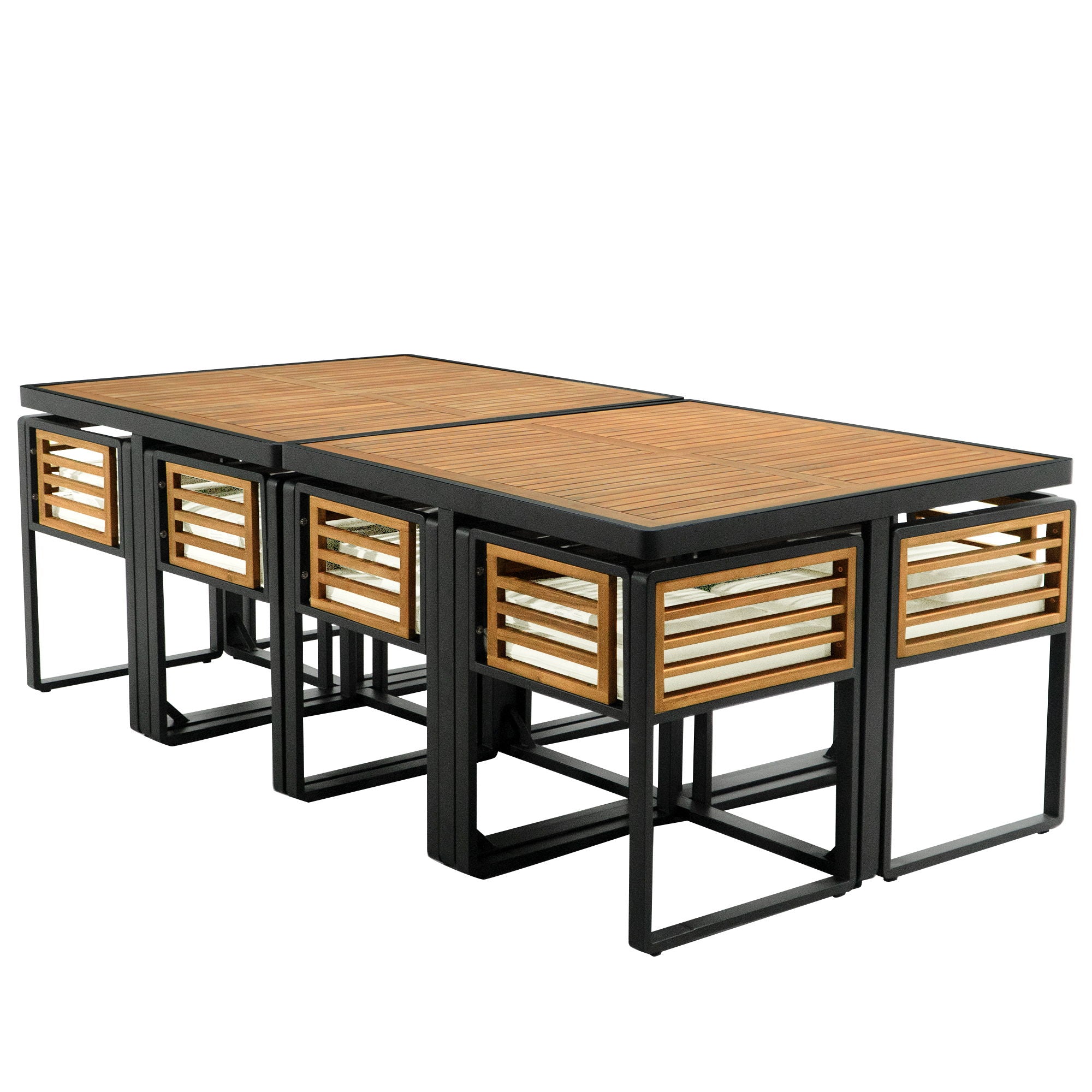 Acacia Wood Patio Dining Set, Cushioned Chairs & Ottomans Square Table