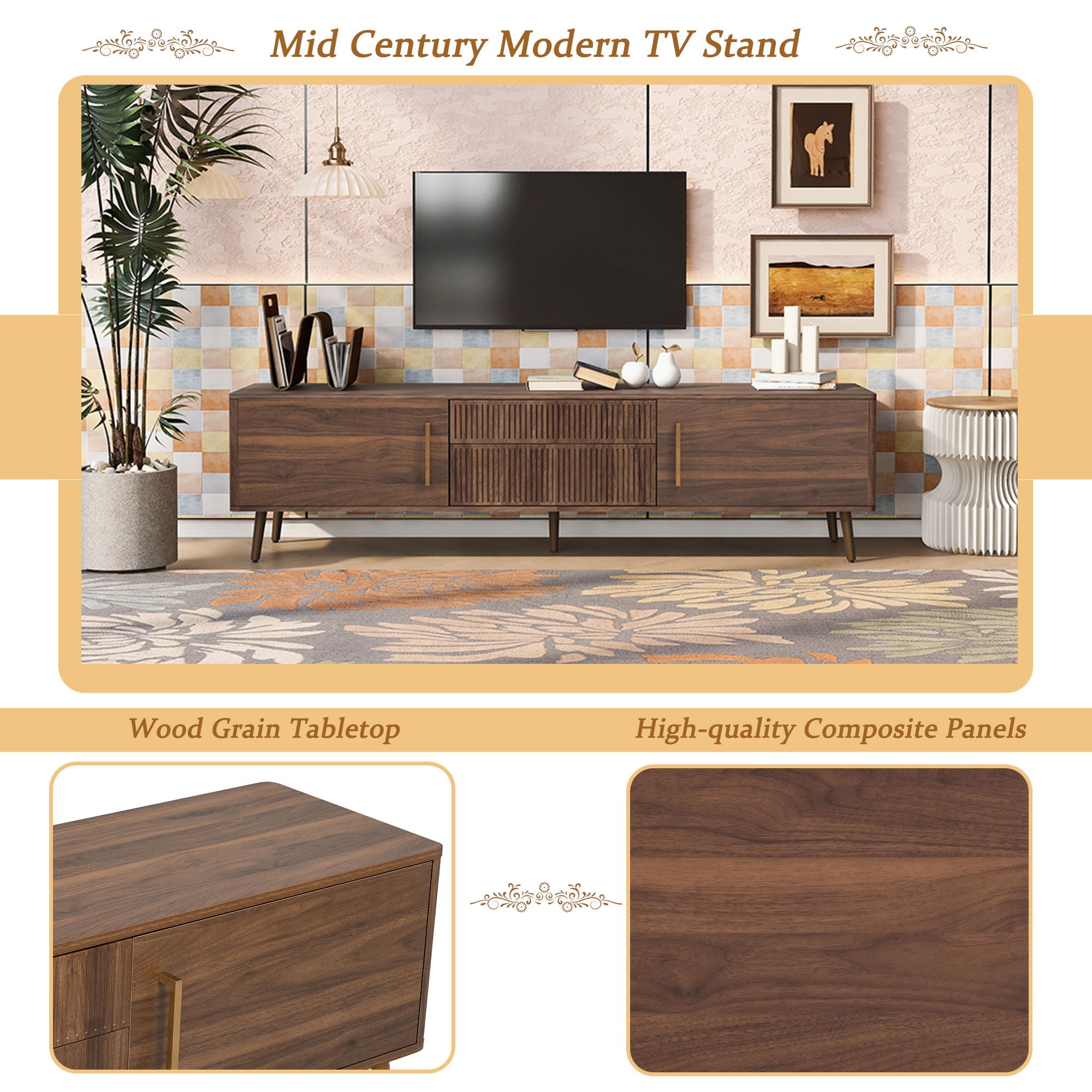 TV Stand With 2 Drawers, Media Console Table For TVs Up To 80'' For Living Room - Walnut