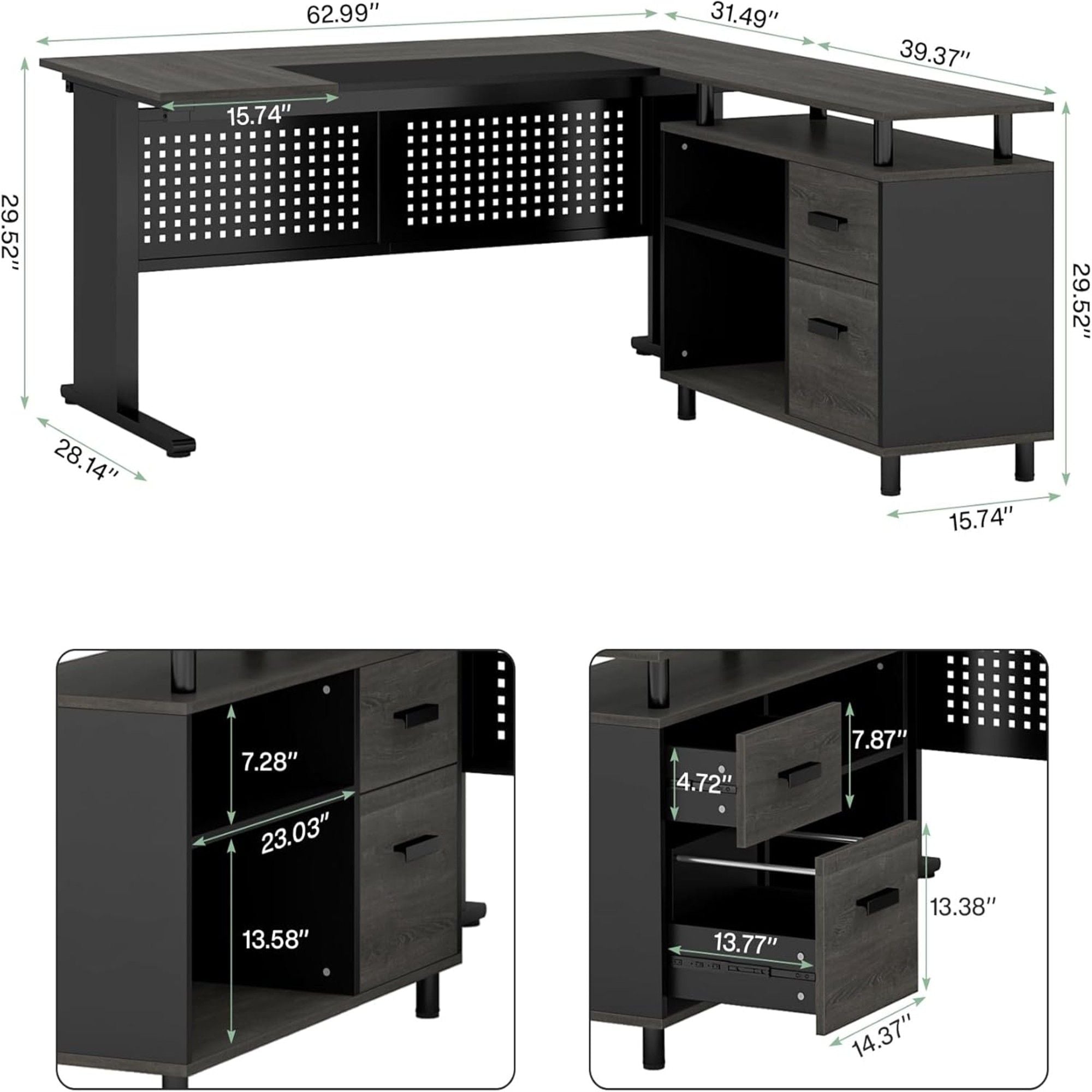 L-Shaped Executive Desk With File Cabinet, Office Workstation With Drawers, Shelves & Storage