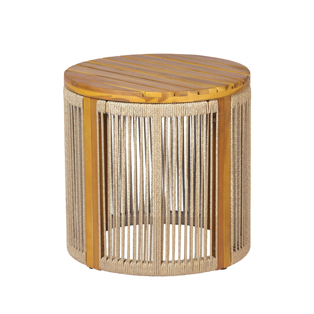 Round Side Table With Rope Detail For Patio - Brown / Teak