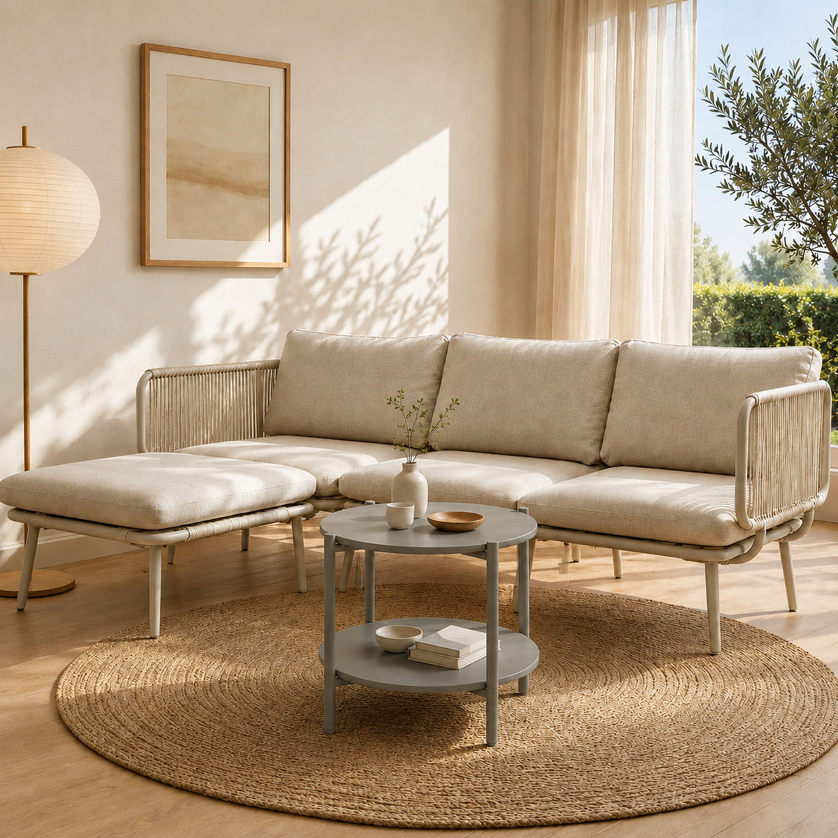 Round Outdoor Coffee Table With Shelf For Garden - Gray