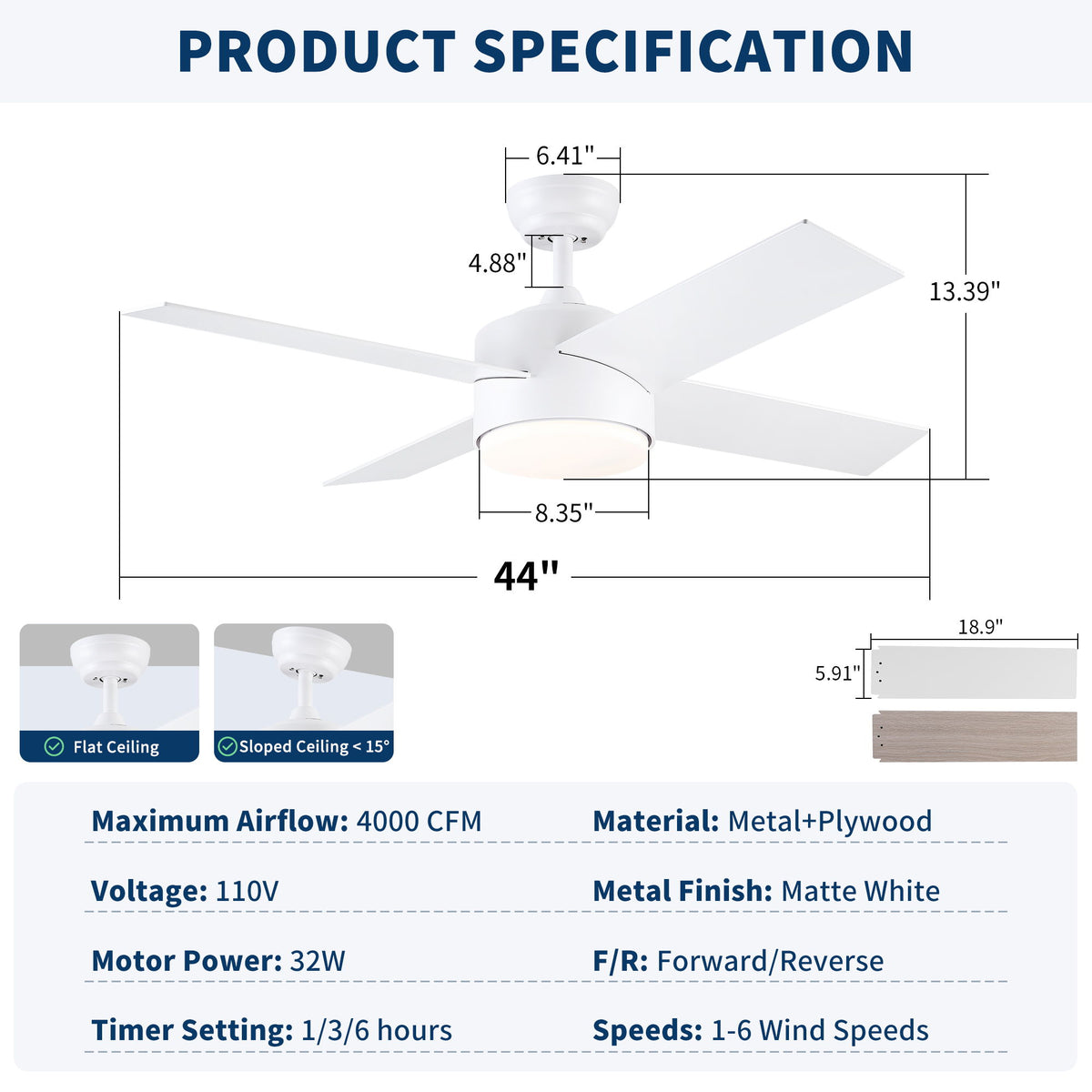 Ceiling Fan With Remote Control, Reversible DC Motor, 6 Speeds, 3 Dimmable LED, Quiet Timer For Indoor - White