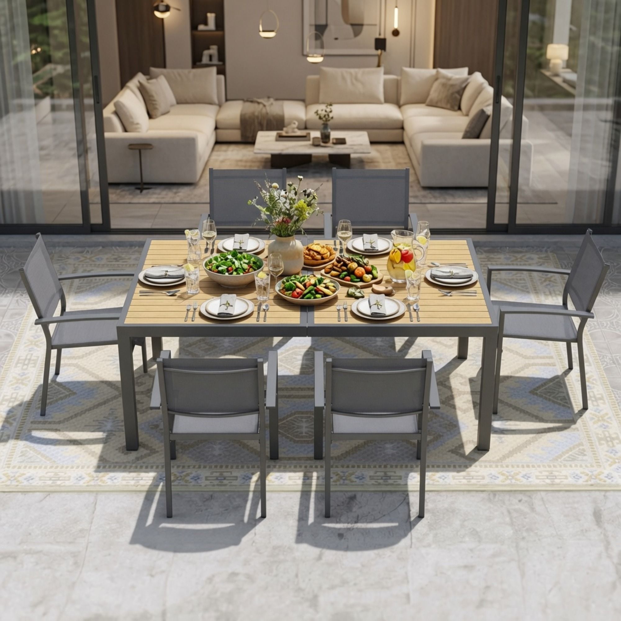 7 Piece Gray Patio Dining Set With Hdps Table And Textilene Chairs For Outdoor Use, Metal Furniture