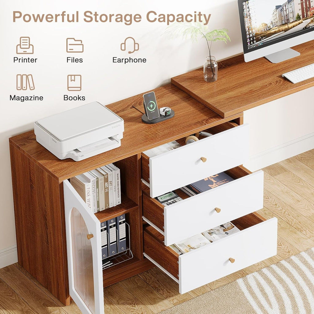 L - Shaped Computer Desk With Drawers, Reversible Corner Workstation For Home Office - Brown / White