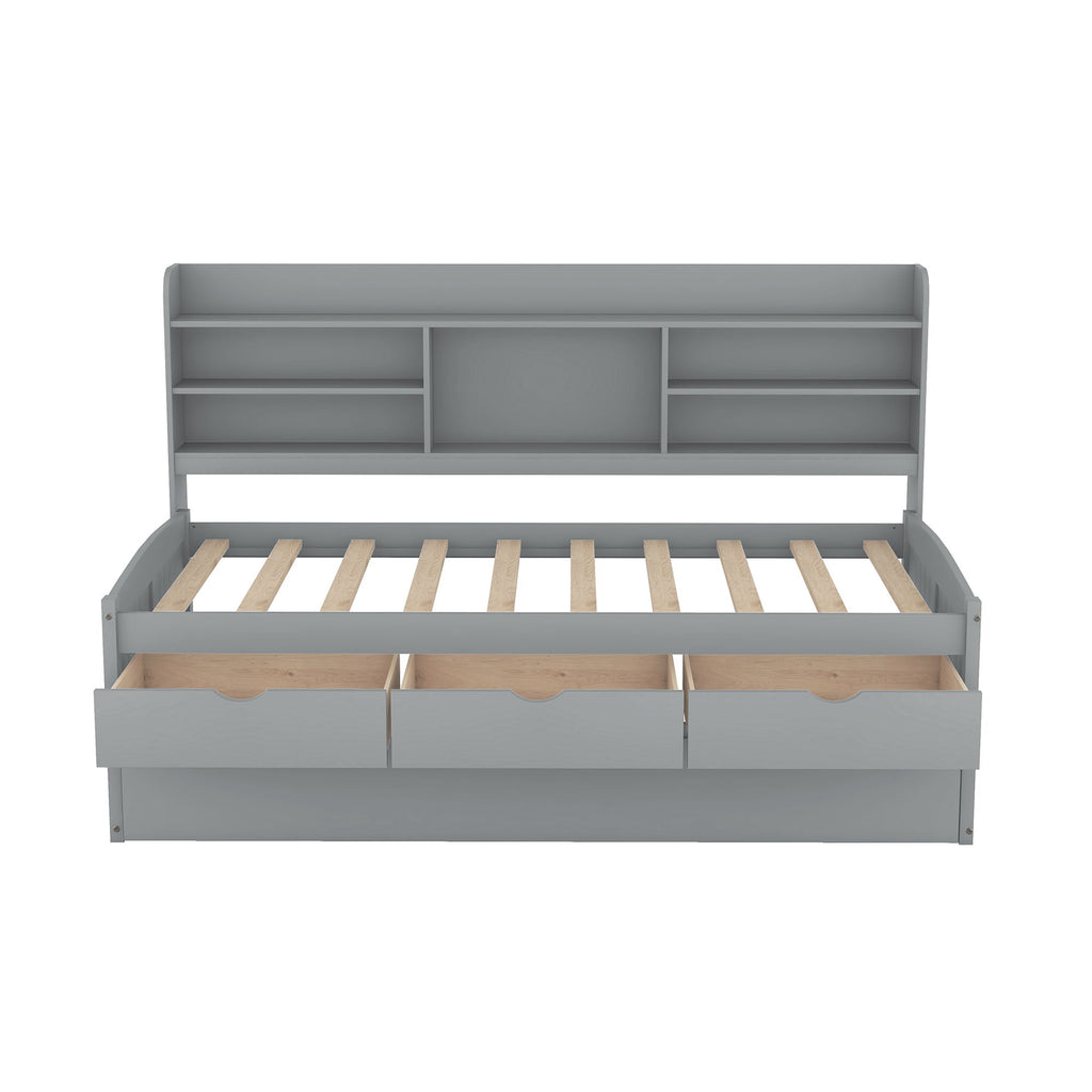 Captain Bed With Built In Bookshelves, 3 Storage Drawers, And Trundle