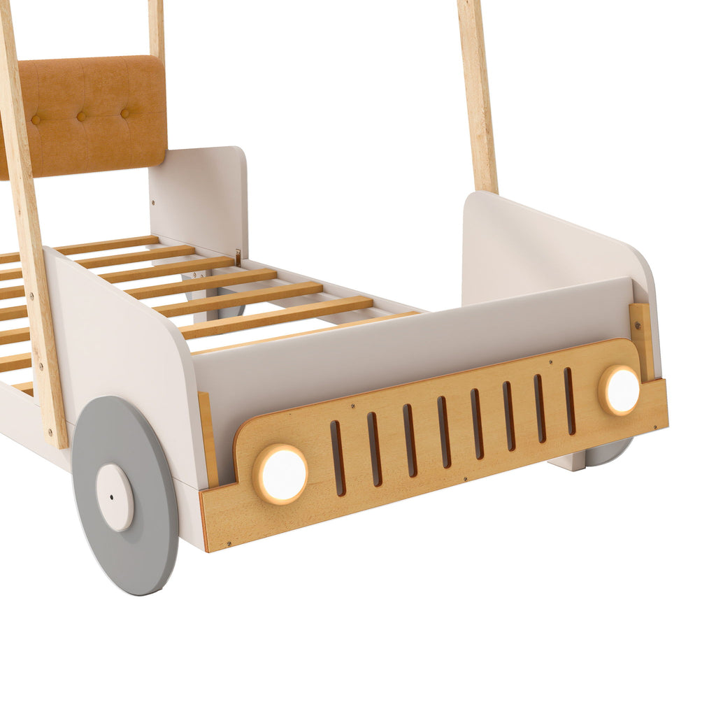 Twin Size Car Bed With Pillow, Ceiling Cloth And LED - Natural