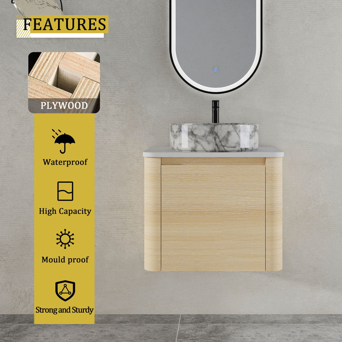 Mounted Bathroom Vanity & Art Sink & 2 Soft Close Doors