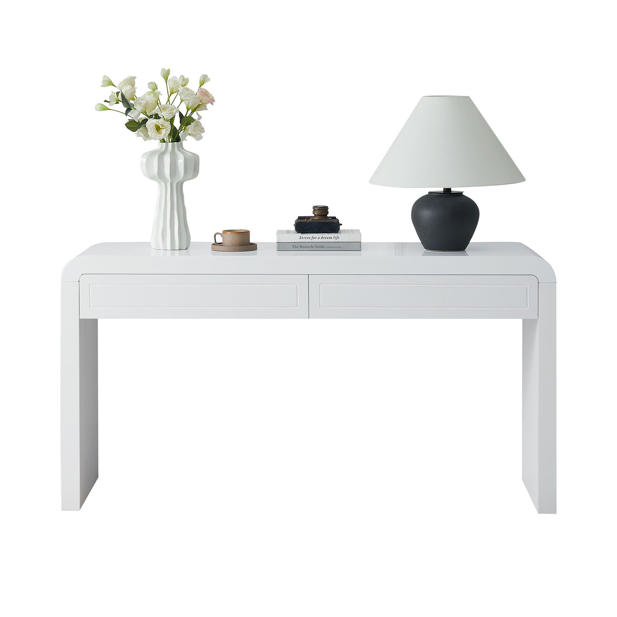 Curved Console Table With Storage, 2 Drawers - White