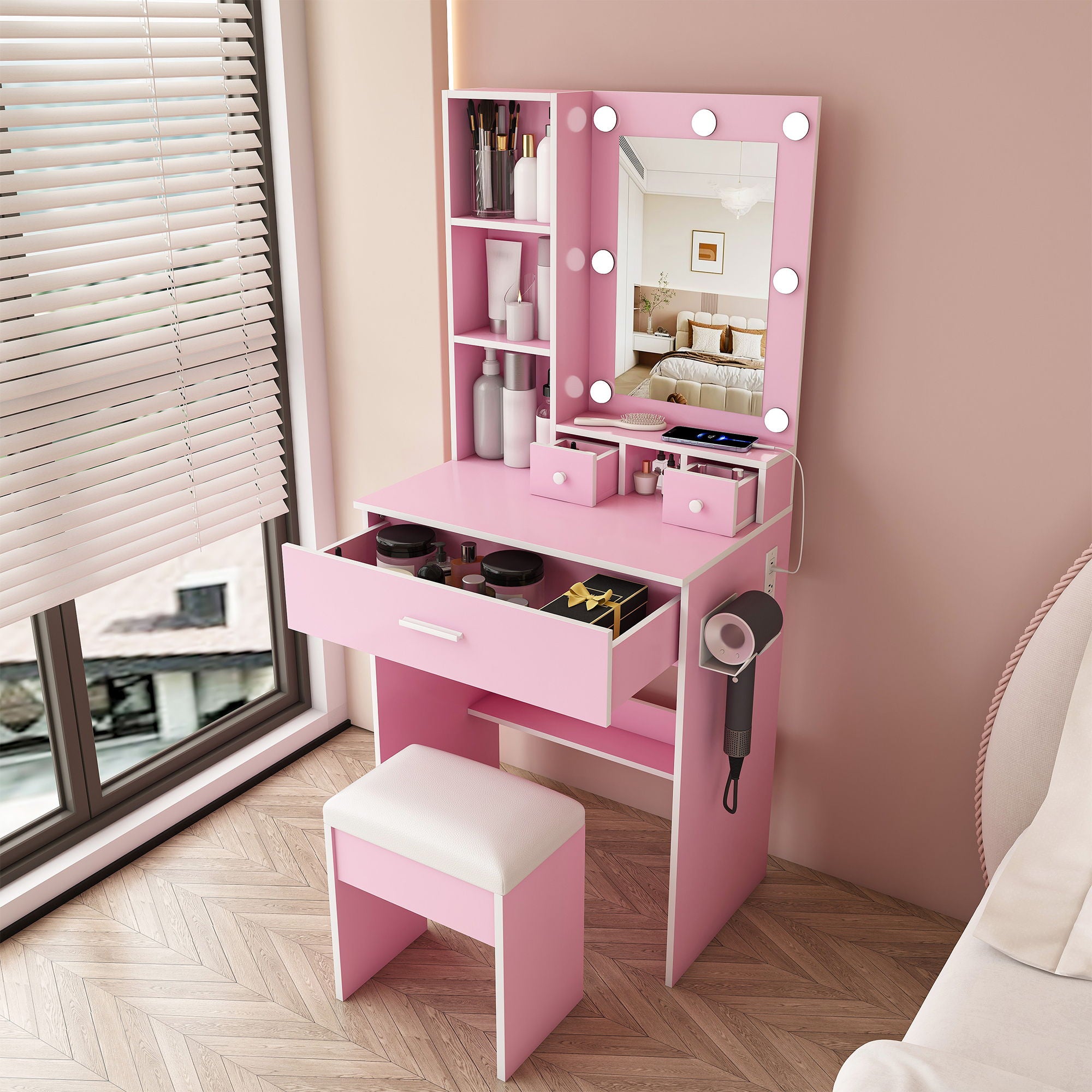Vanity Table With Mirror, Adjustable LED Lights, Power Outlet, Hairdryer Holder & Stool