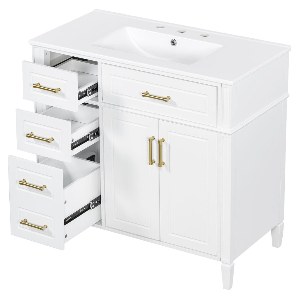 Bathroom Vanity With Sink, 4 Drawers (1 Flip Drawer), 2 Doors & Adjustable Shelf - White