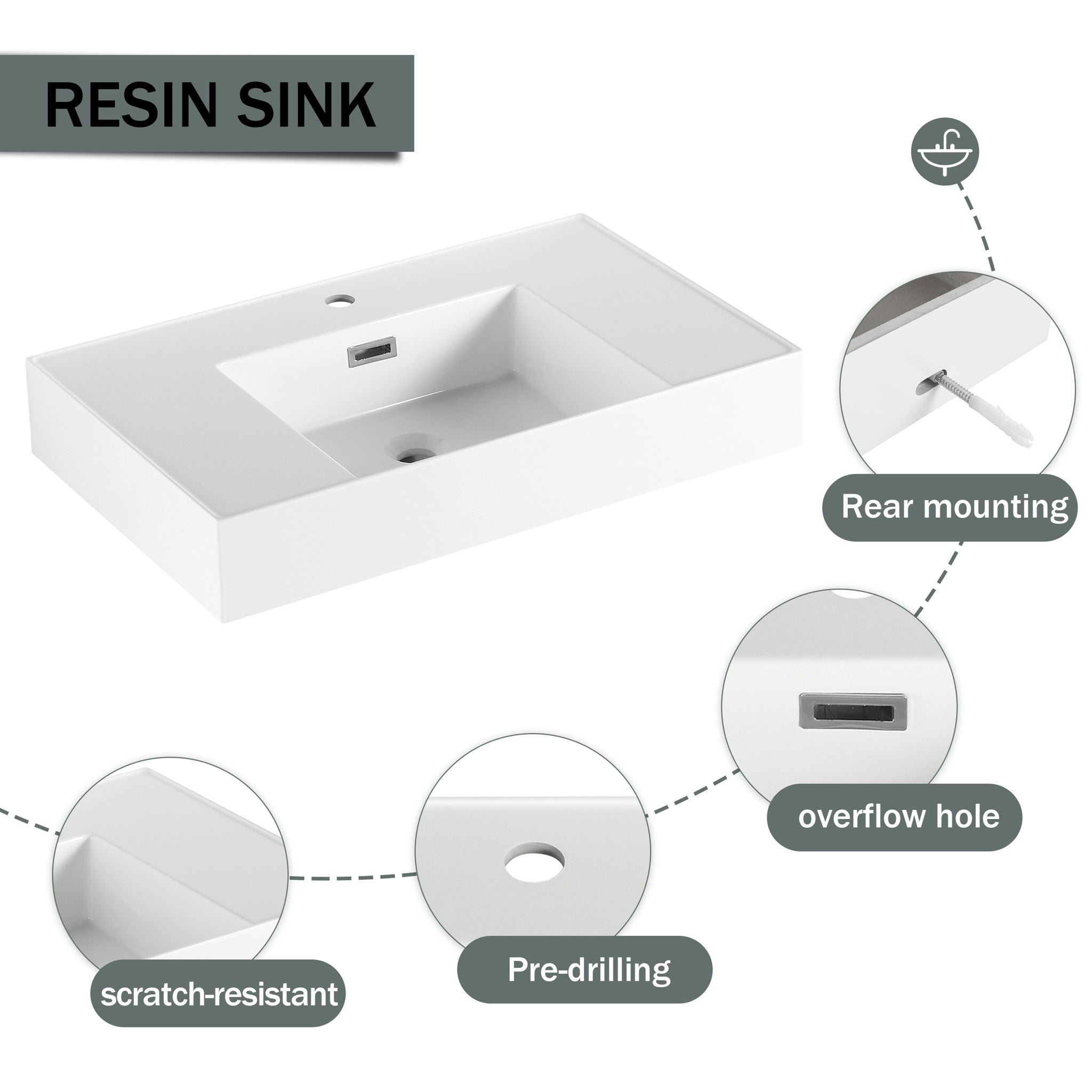 Modern Wall Mounted Bathroom Vanity With Resin Sink And Soft Close Drawer - Brown Ebony