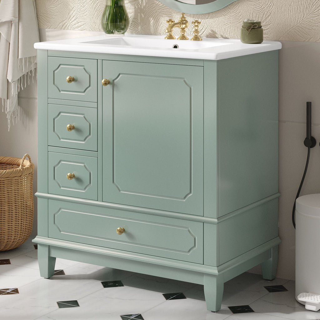 Bathroom Vanity With Sink, Freestanding Vanity Cabinet With Ceramic Basin, Soft Close Door, 3 Drawers