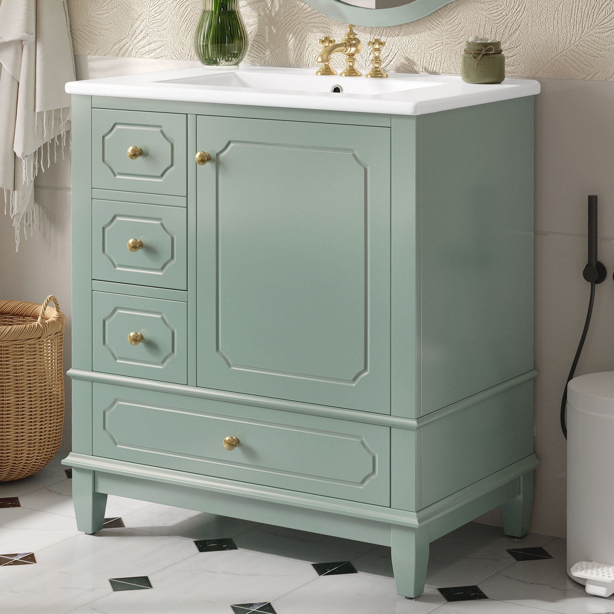 Bathroom Vanity With Sink, Freestanding Vanity Cabinet With Ceramic Basin, Soft Close Door, 3 Drawers