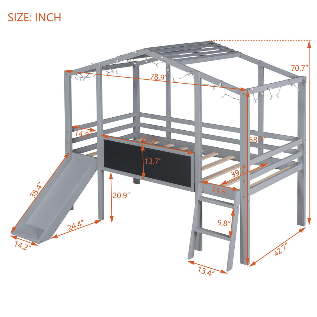 Loft House Bed With Ladder And Slide, With board And Light Strip On The Roof