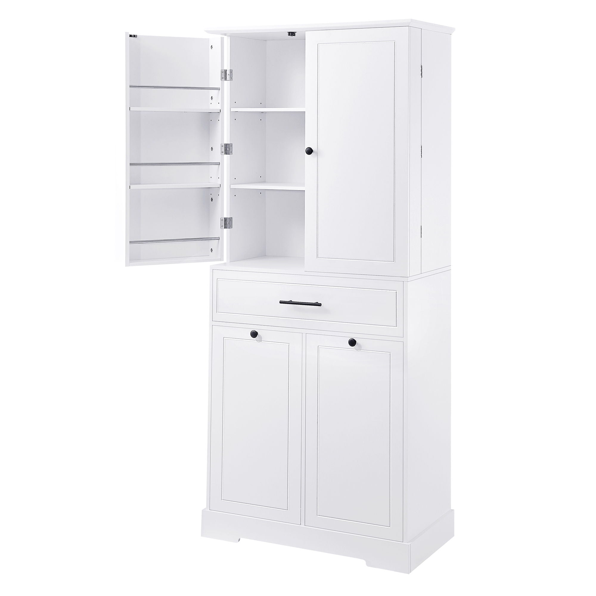 Freestanding Bathroom Storage Cabinet With Doors, Drawers, And Tilt Out Laundry Hamper - White