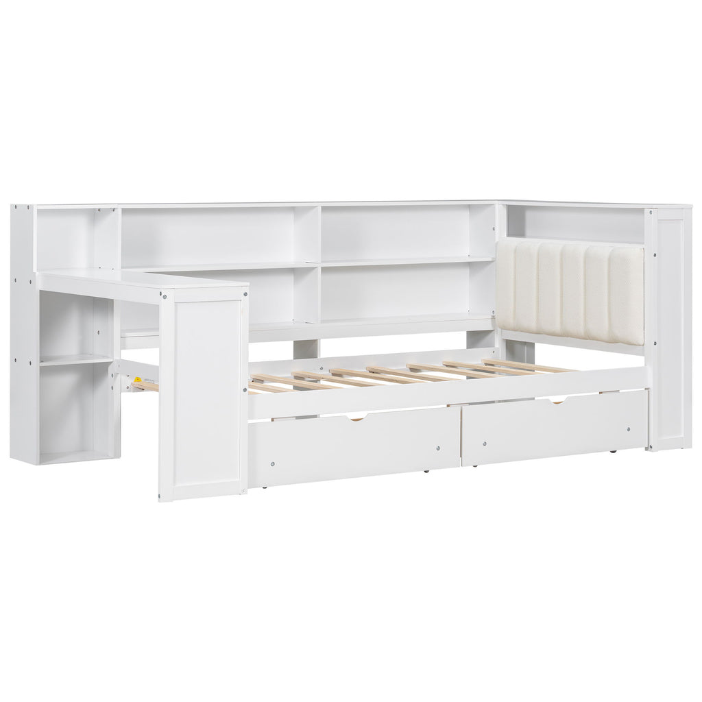 Platform Bed With Upholstered Headboard, Storage Shelves, Drawers, Charging Station, LED Lighting, Built In Desk