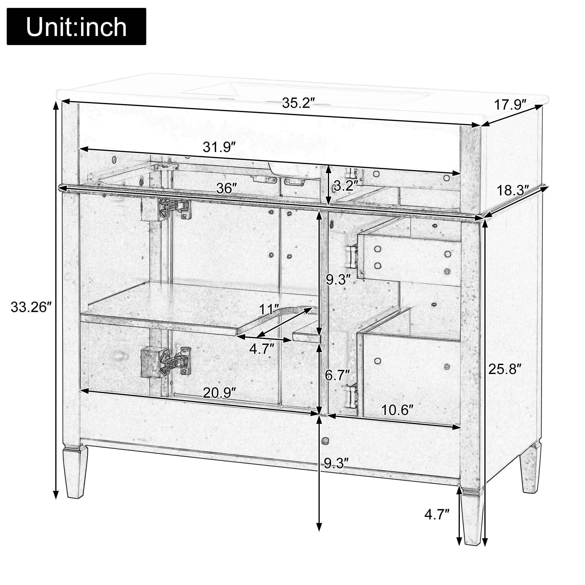 Bathroom Vanity With Sink, 4 Drawers, 2 Doors