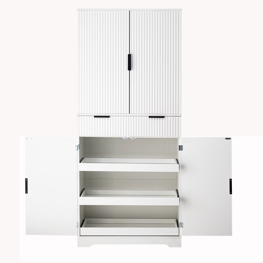 Fluted Kitchen Pantry Cabinet With 3 Keyboard Drawers & 6 Adjustable Door Shelves