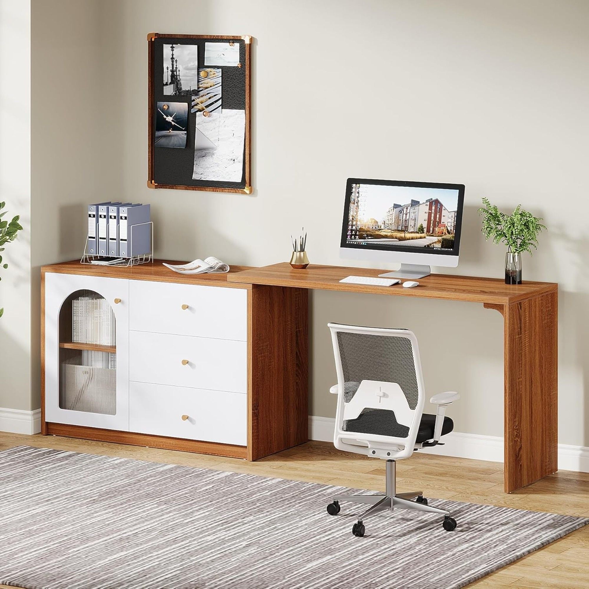 L - Shaped Computer Desk With Drawers, Reversible Corner Workstation For Home Office - Brown / White