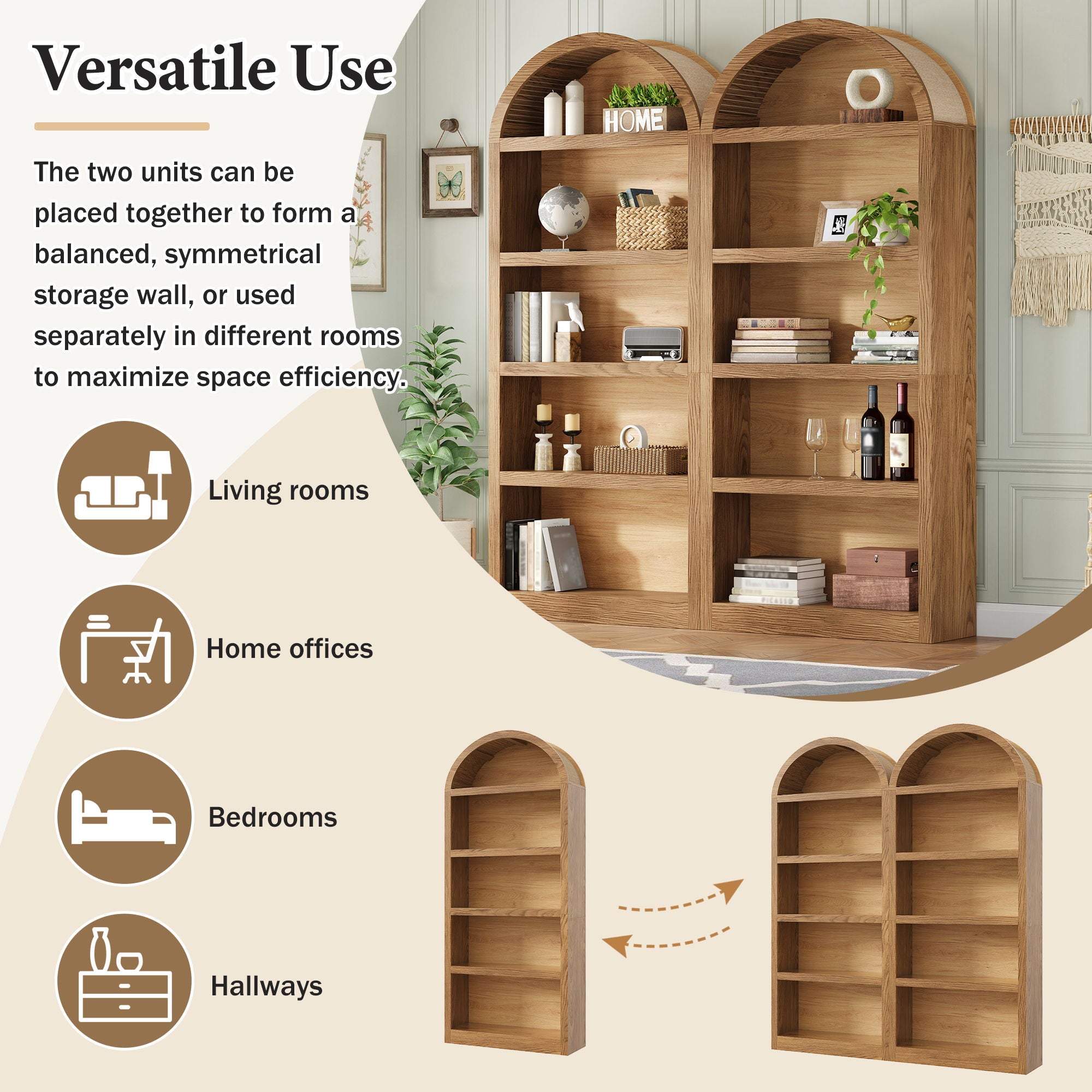 Freestanding Tall 5 Tier Display Bookcase For Living Room (Set of 2) - Brown