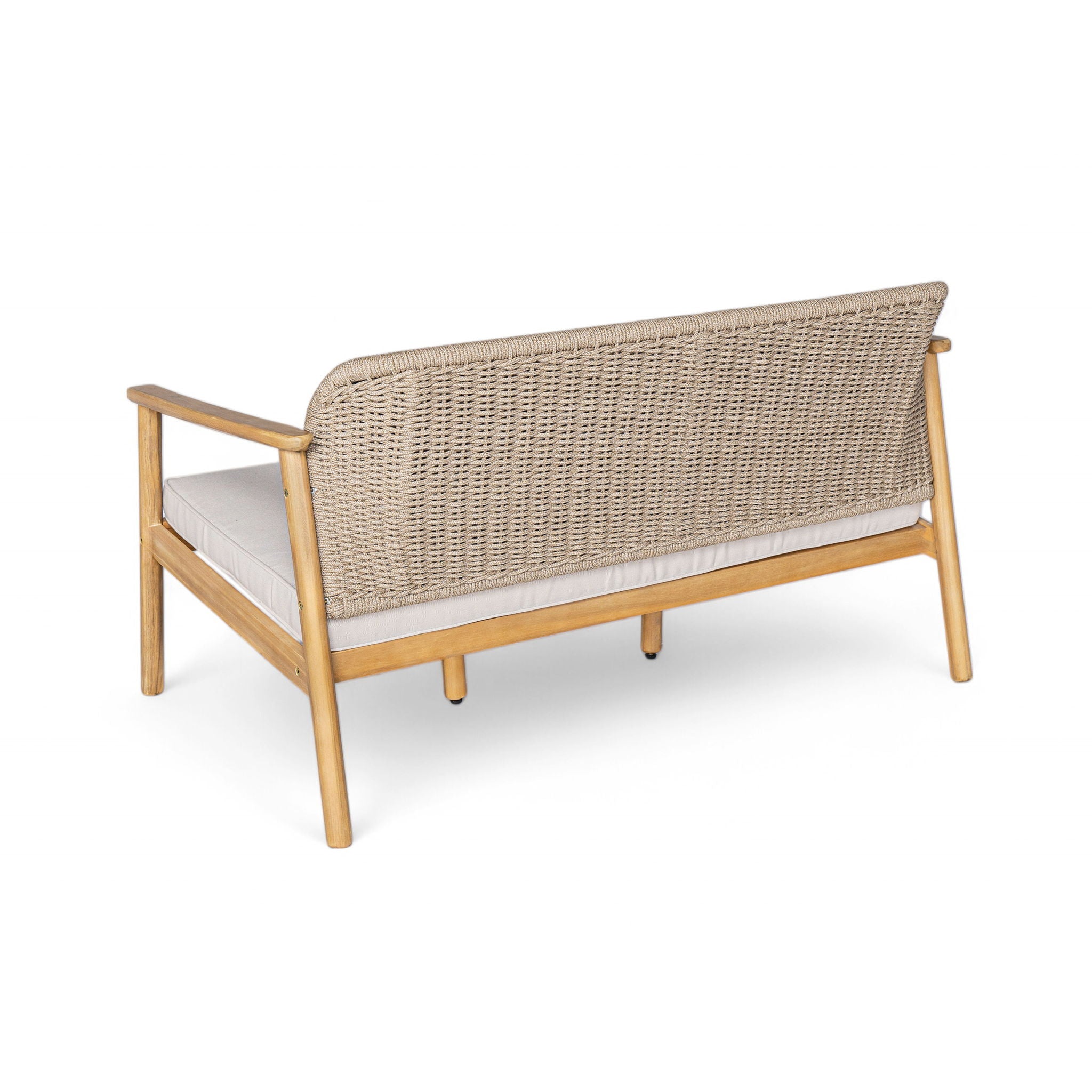 2 Piece Outdoor Acacia Wood Conversation Set, Woven Rope Backrest Patio Seating Group, Woven Rope With Coffee Table For Porch - Light Teak / Beige