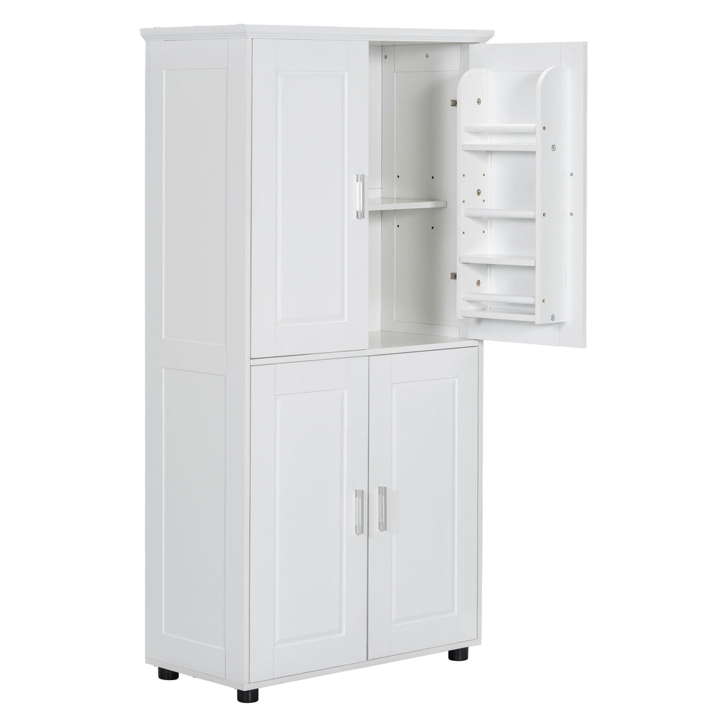 Tall And Wide Bathroom Floor Storage Cabinet With 4 Doors, Adjustable Shelves - White