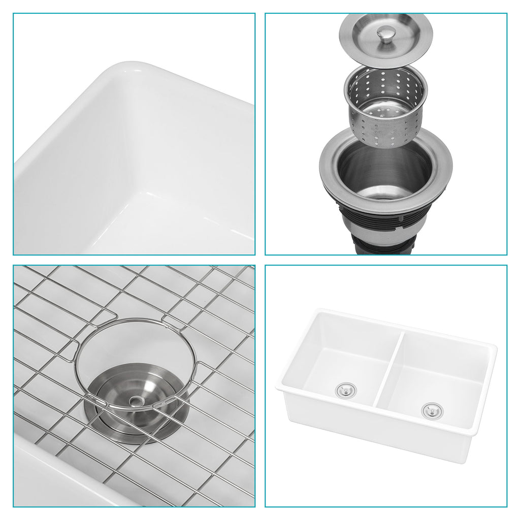 Elegant Dual Mount 32" Undermount Double Bowl Ceramic Kitchen Sink - White