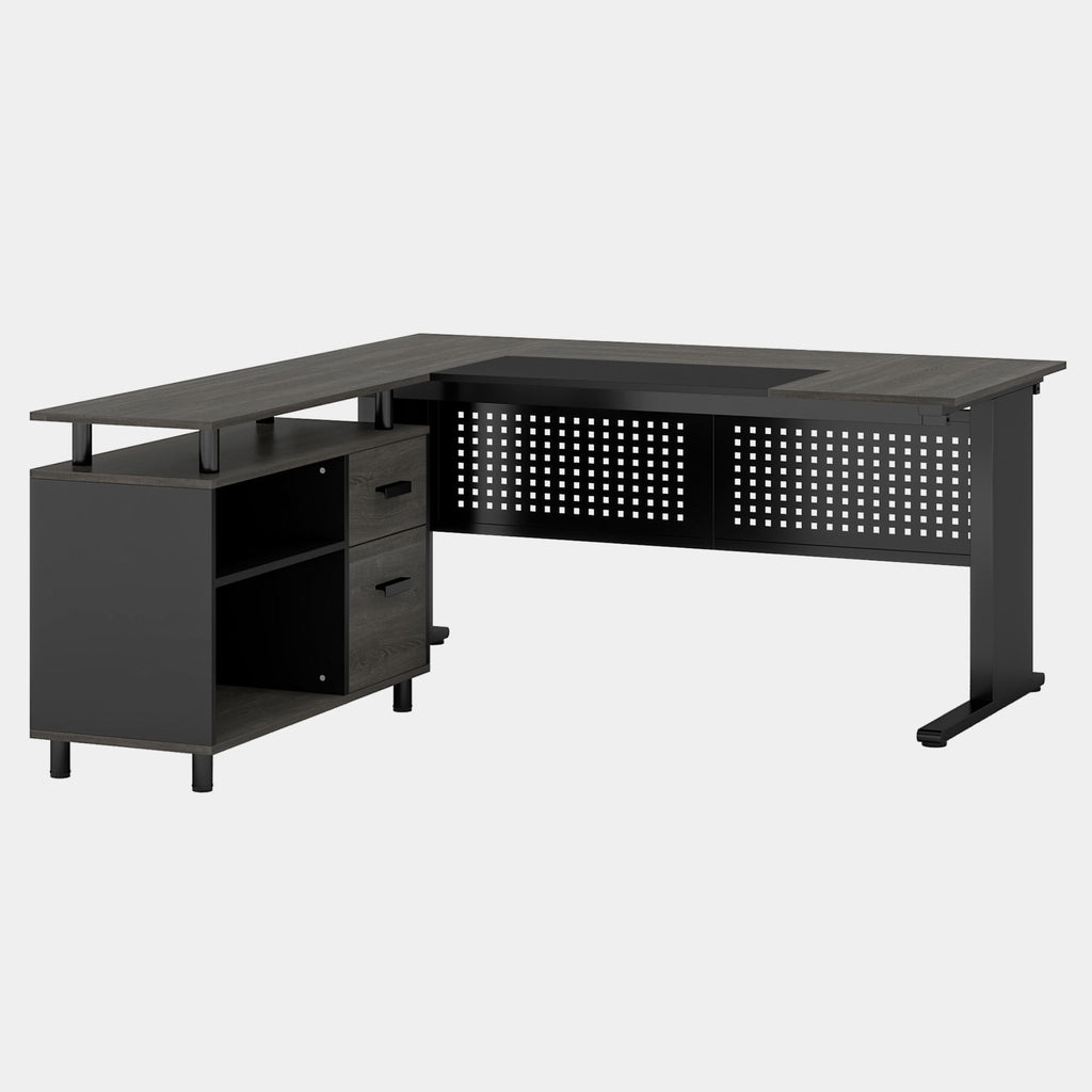 L-Shaped Executive Desk With File Cabinet, Office Workstation With Drawers, Shelves & Storage