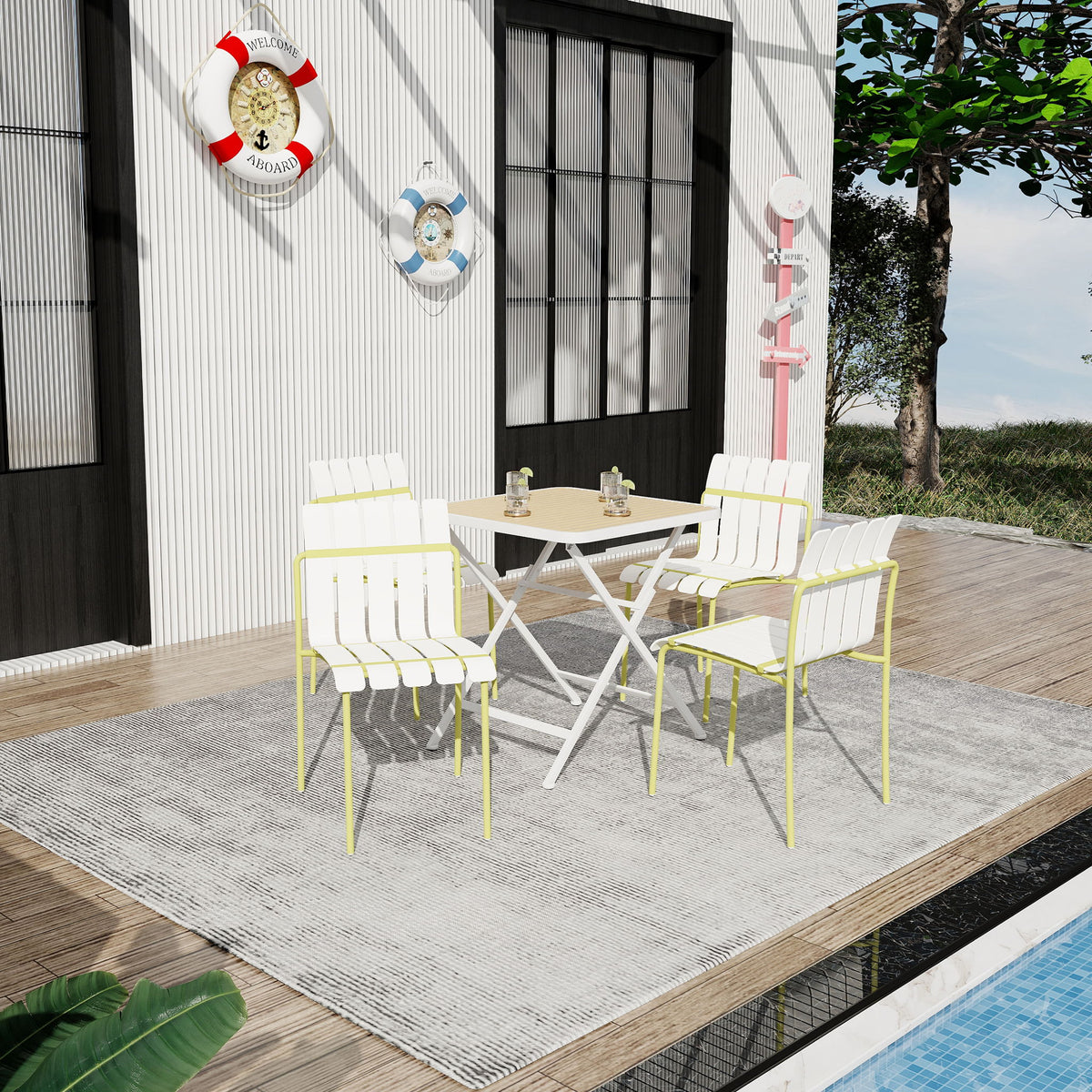 4 Piece Set Of Modern Color Block Designed Single Chairs With Long Table