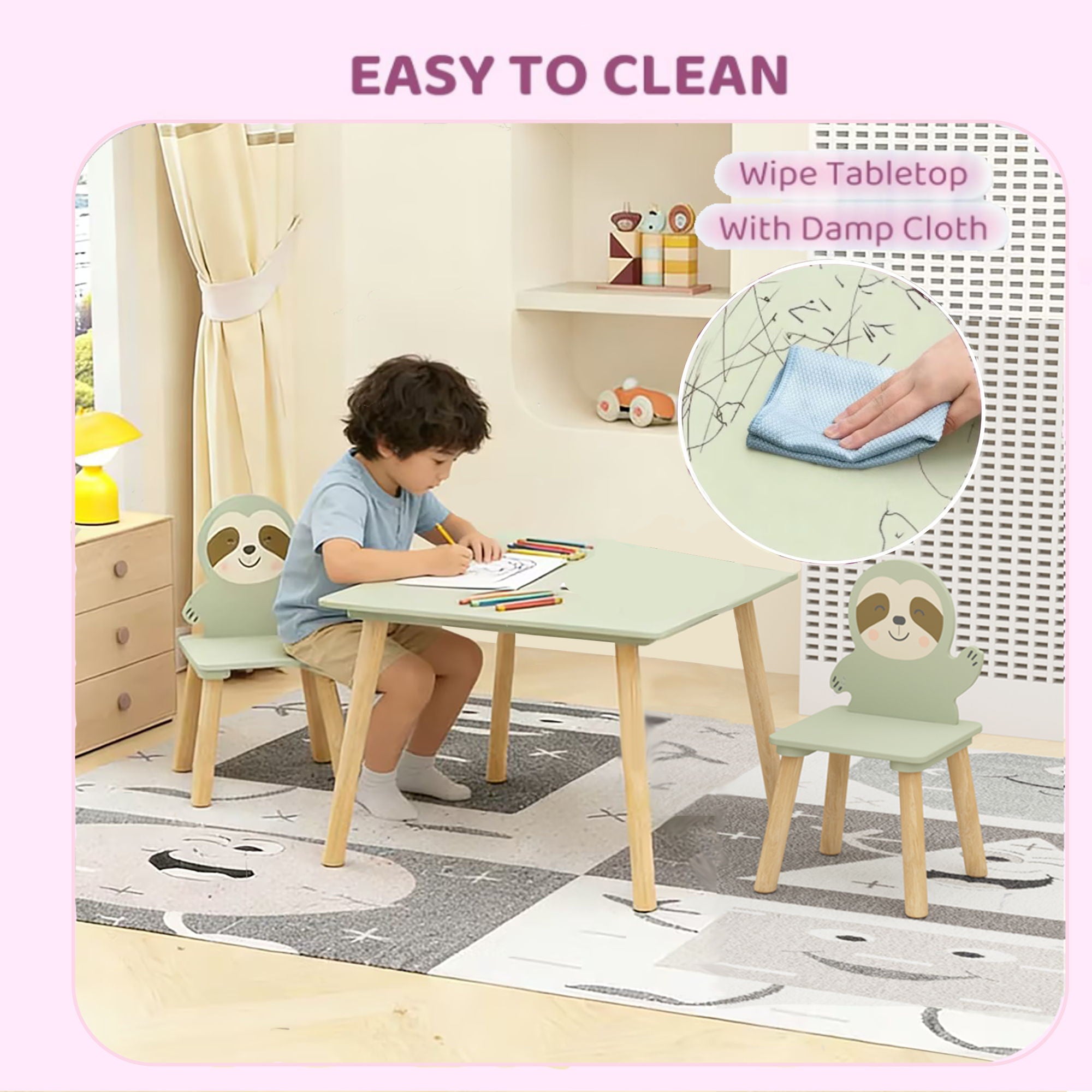 Sloth Themed Table And Chair Set With 2 Cute Animal Chairs - Natural Wood / Sage Green