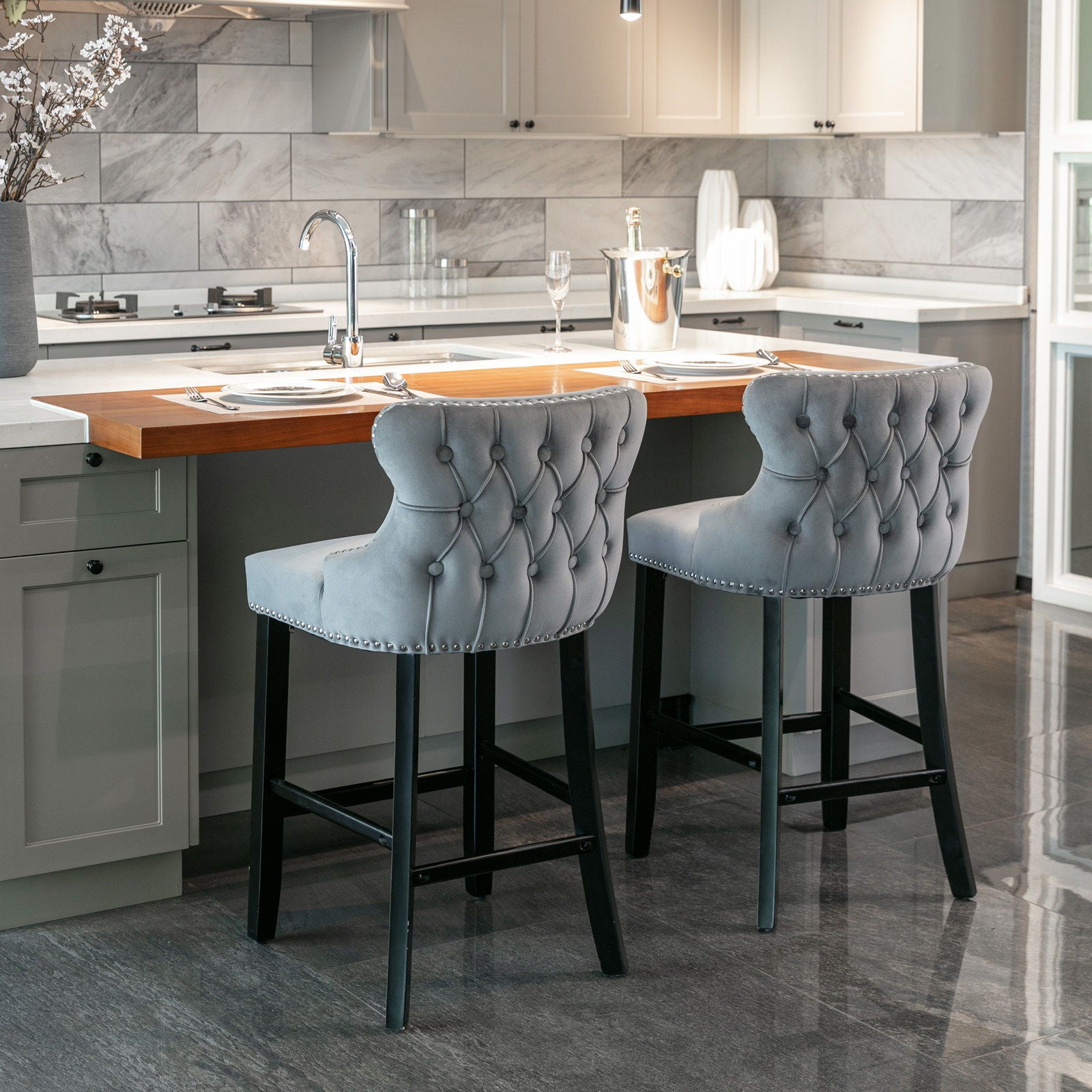 Contemporary Upholstered Wing-Back Barstools With Button Tufted Decoration And Wooden Legs, And Nailhead Trim, Leisure Style Bar Chairs, Bar Stools (Set of 2)