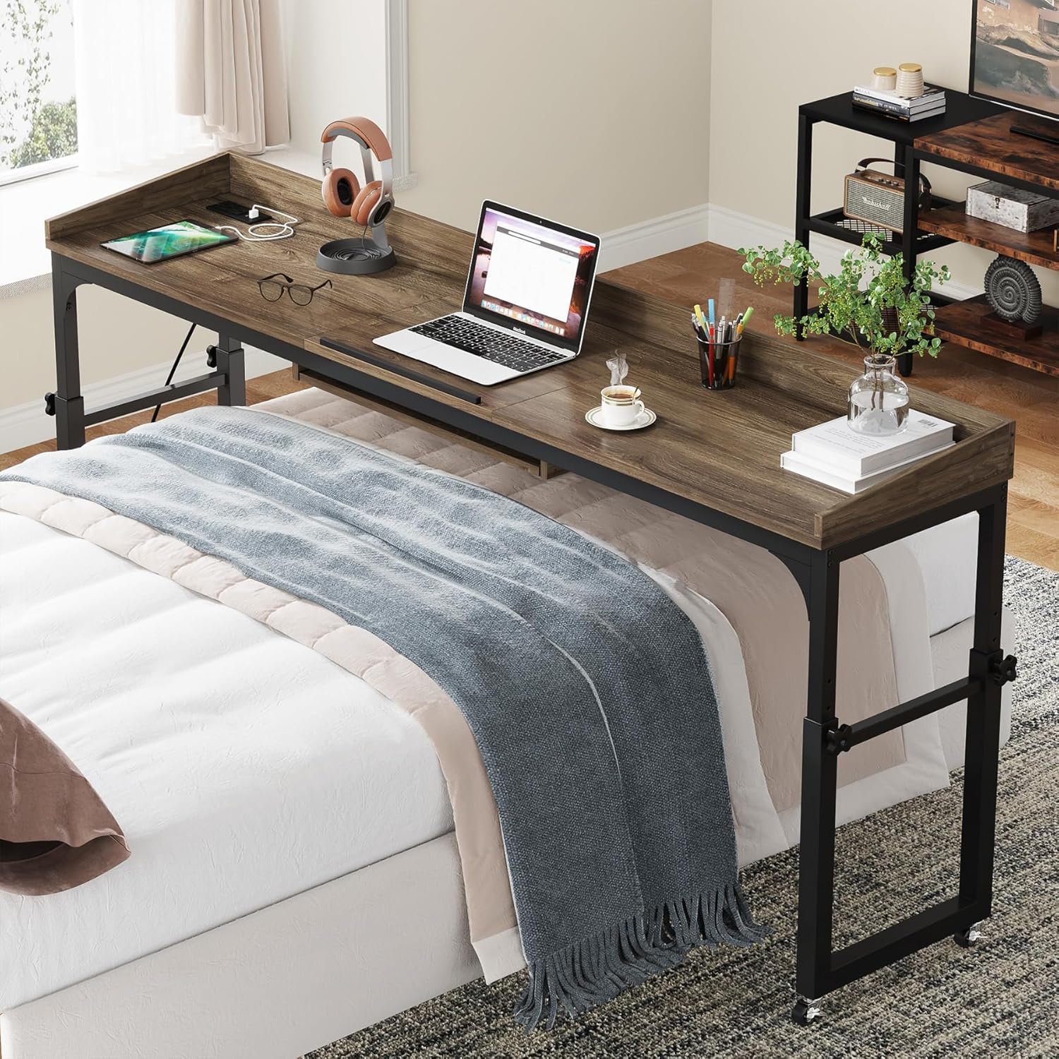 Adjustable Overbed Table With Wheels, Queen Size Mobile Desk - Dark Gray
