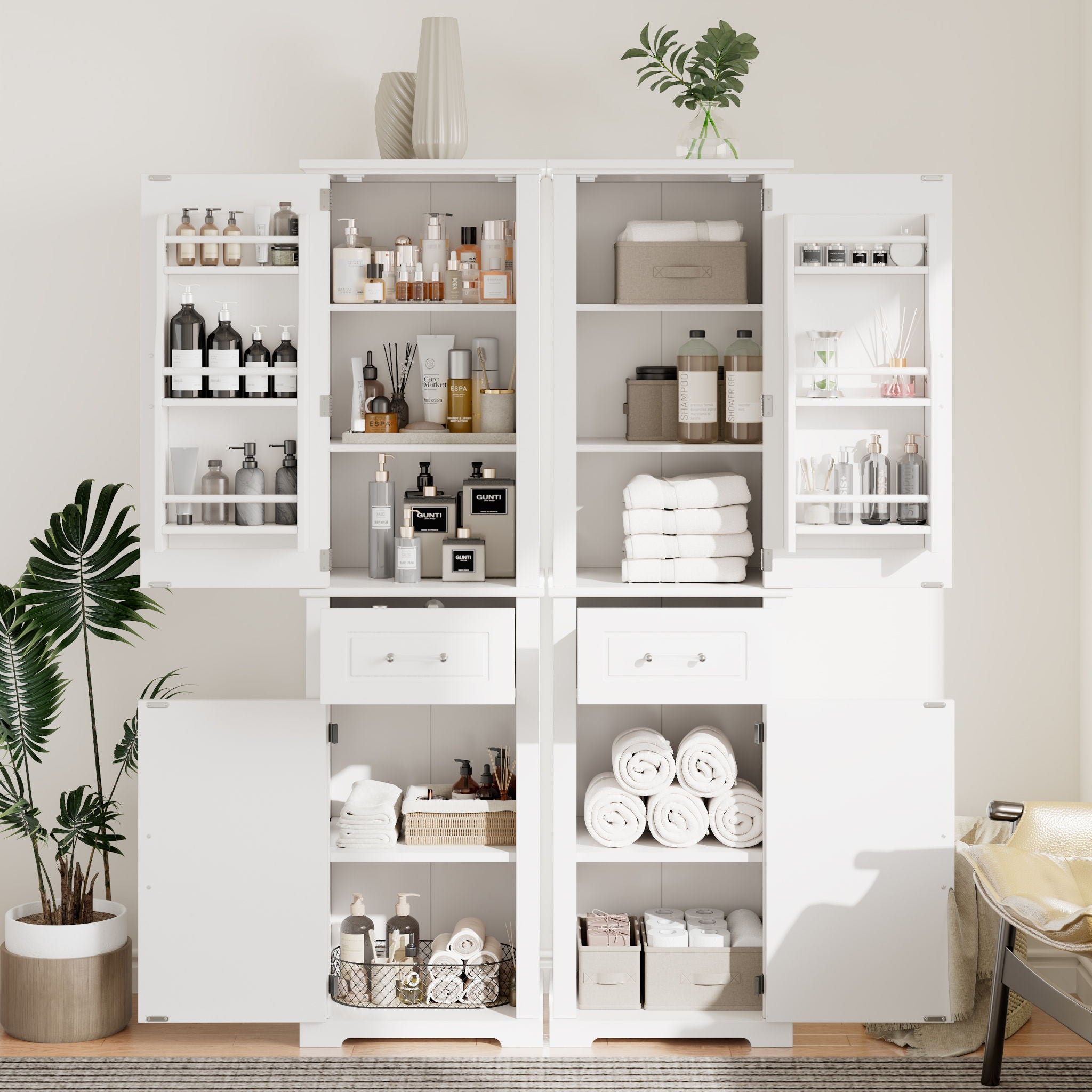 Tall Freestanding Bathroom Storage Cabinet With Adjustable Shelf, 2 Door Design