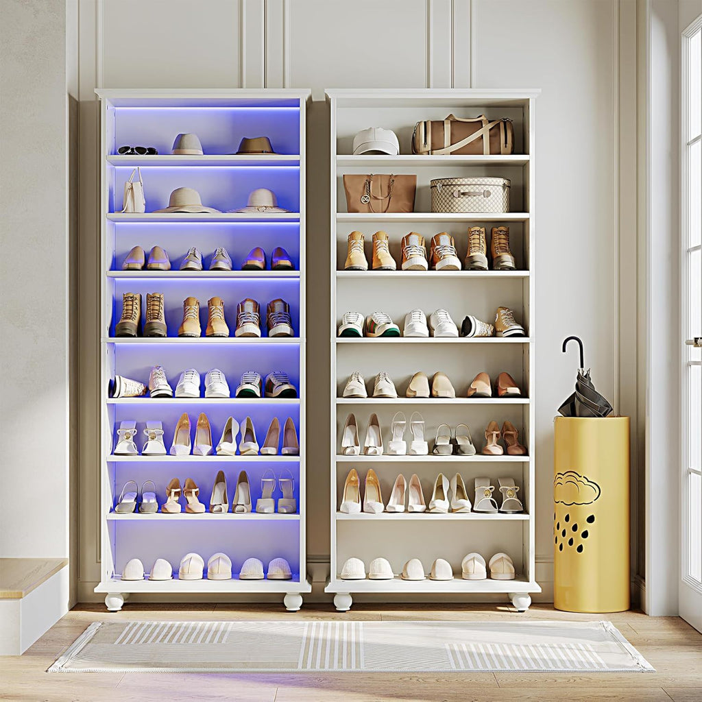 8 Tier Led Illuminated Shoe Cabinet With Adjustable Shelves, Storage Rack For 26 Pairs - White