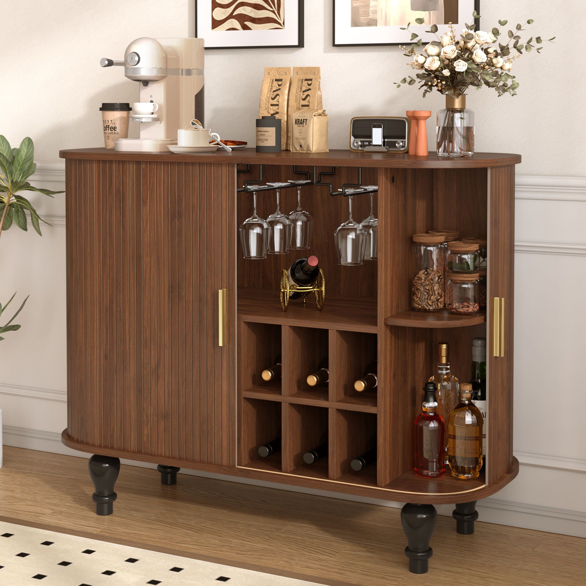 Fluted Liquor & Coffee Bar Cabinet With 6 Wine Racks And 3 Glass Holders