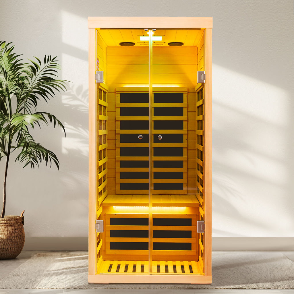 Low EMF, Wide Space Hemlock Double Doors Great Glass Luxury Indoor Far Infrared Sauna Room