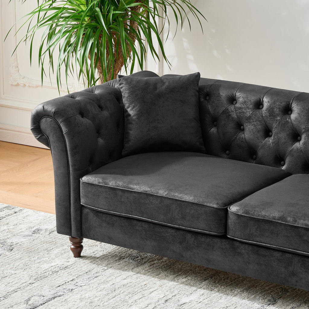Chesterfield Sofa, High Tech Fabric Roll Armrest, 3 Seater Couch - Black