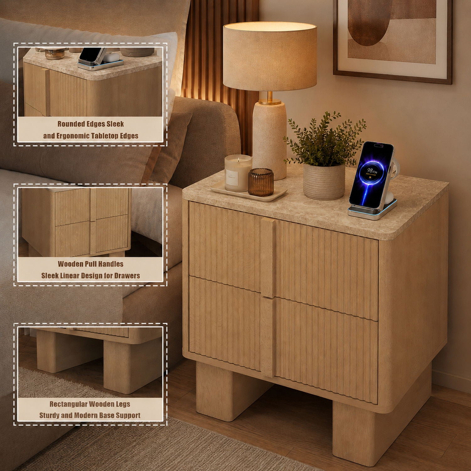 Nightstand With Charging Station And 2 Storage Drawers