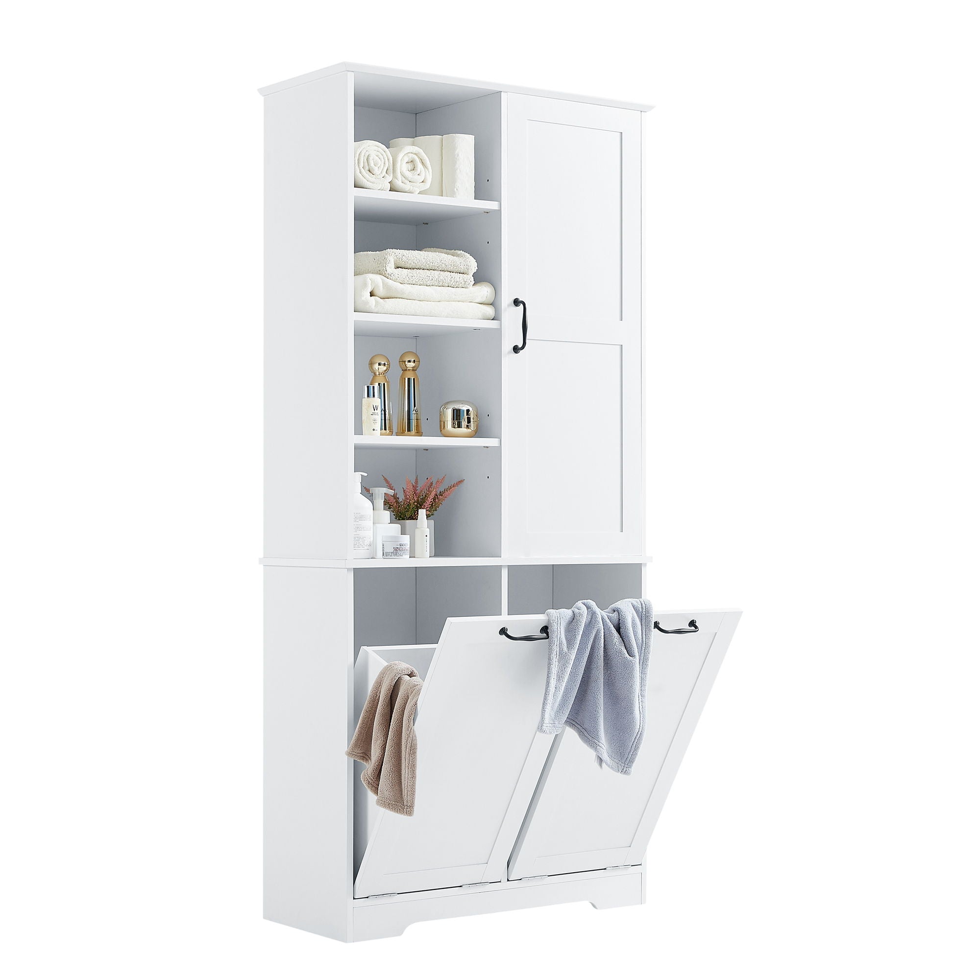 Freestanding Bathroom Storage Cabinet With Doors And Drawers, Adjustable Shelves, Tilt-Out Laundry Hamper