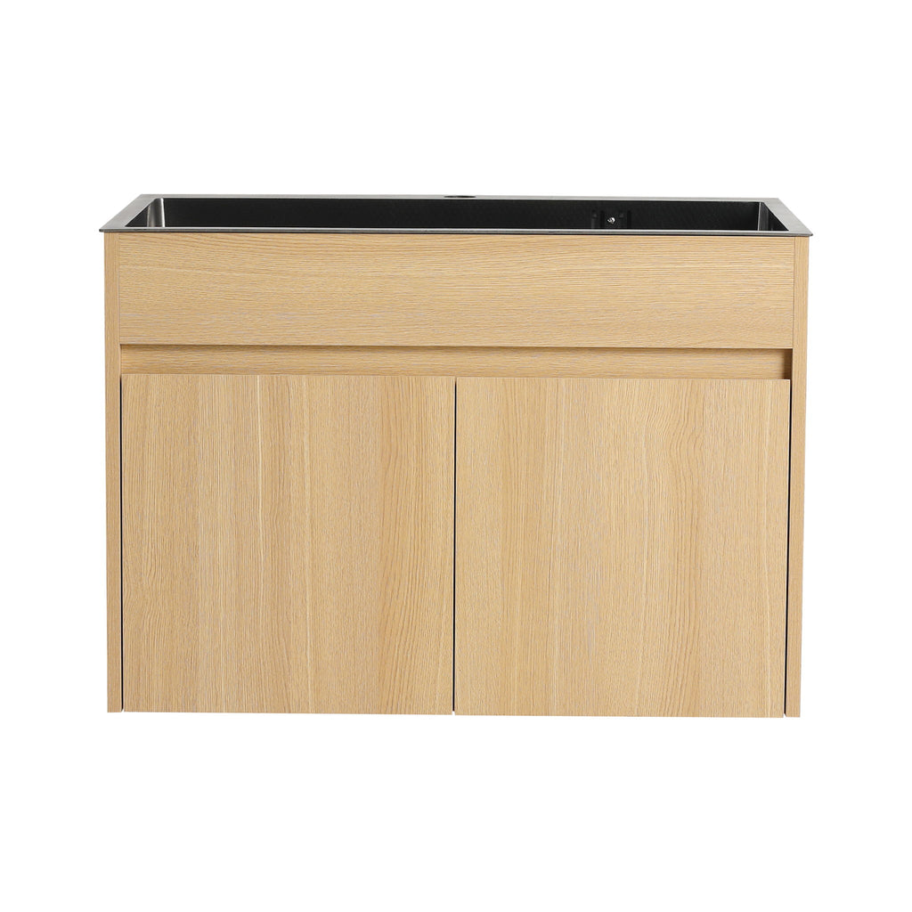 28" Wall Mounted Bathroom Vanity With Stainless Steel Sink, Soft Close Doors - Oak