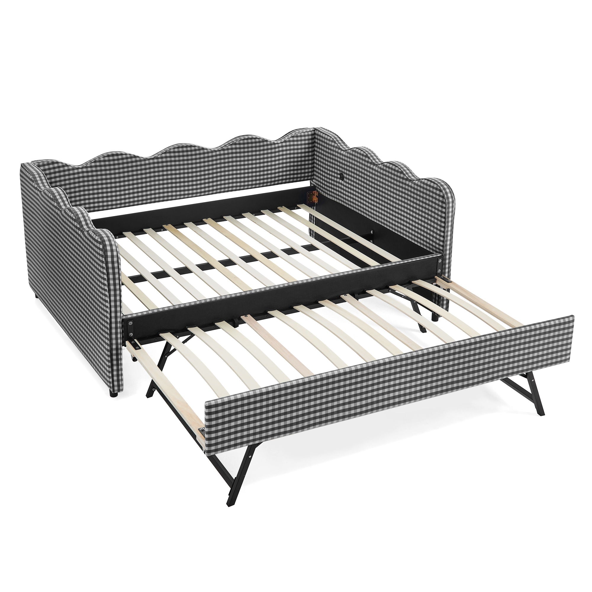 Gingham Daybed With USB Charging Port, Wave-Shaped Design