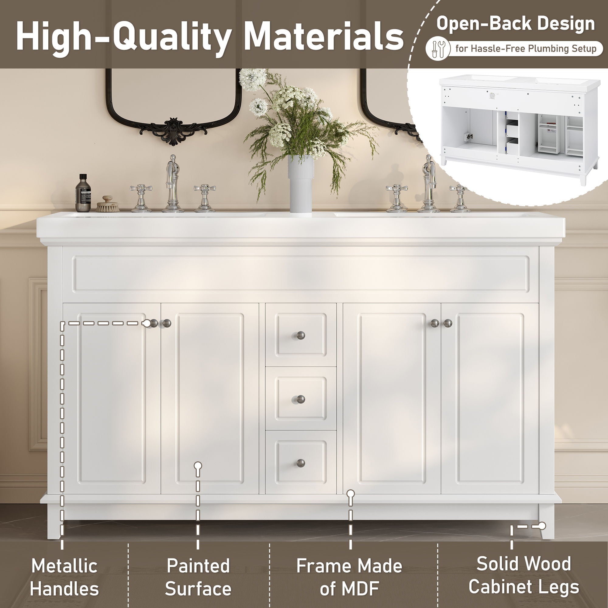 Bathroom Vanity Cabinet Only, 3 Drawers & 4 Doors With Double Layer Shelves - White